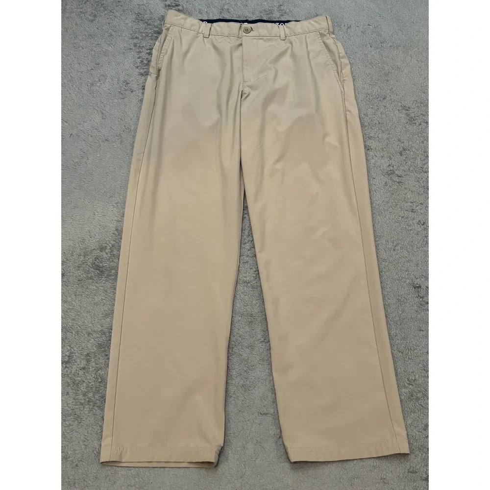 Izod Golf Pants Mens 34x32 Beige Relaxed Fit Stretch Waist Flat Front Khakis